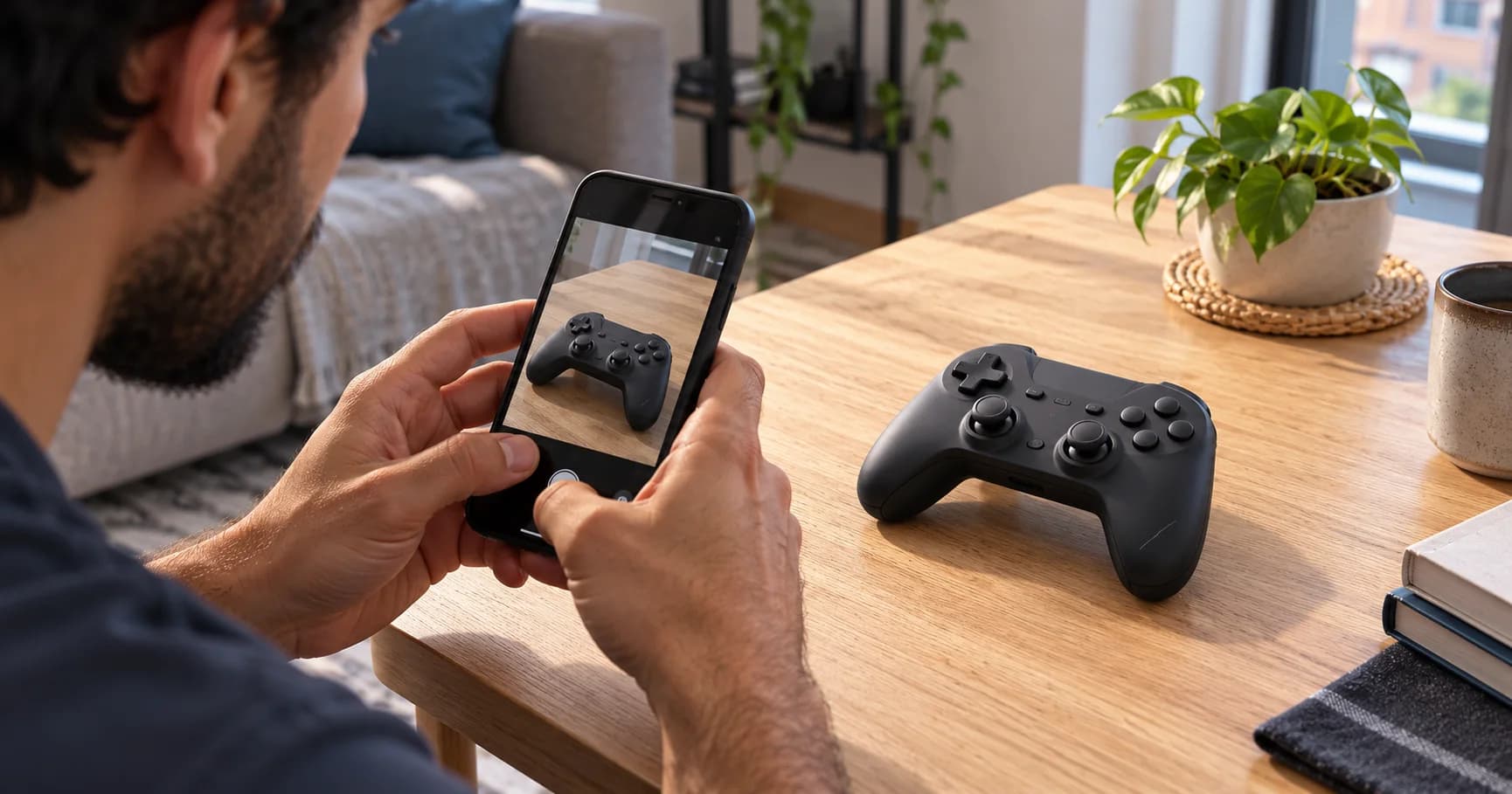 Pessoa fotografando um controle de videogame usado com um celular sobre uma mesa de madeira.