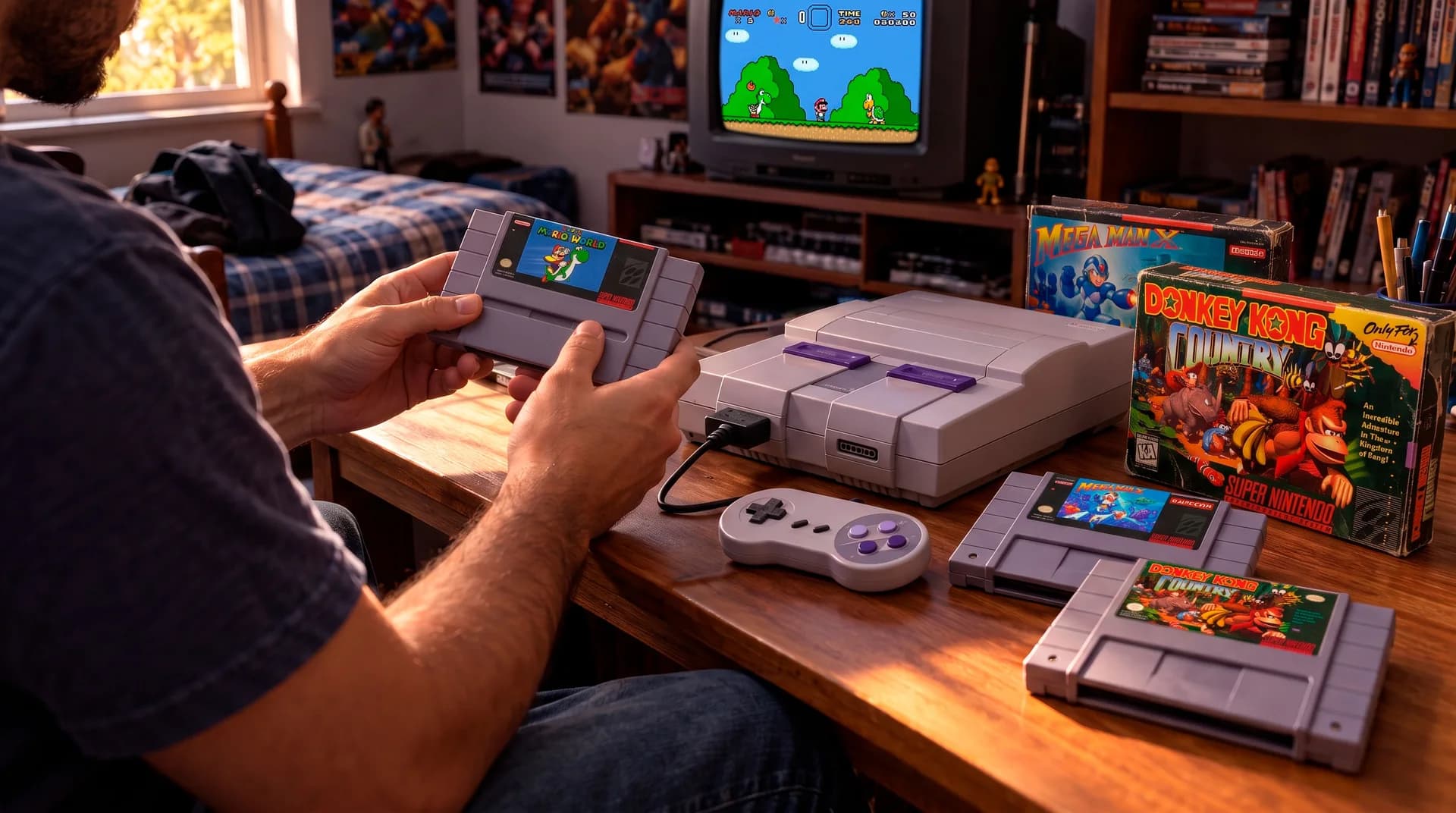 Console de videogame retrô com com um controles e cartuchos sobre uma mesa, enquanto uma pessoa examina um dos jogos.