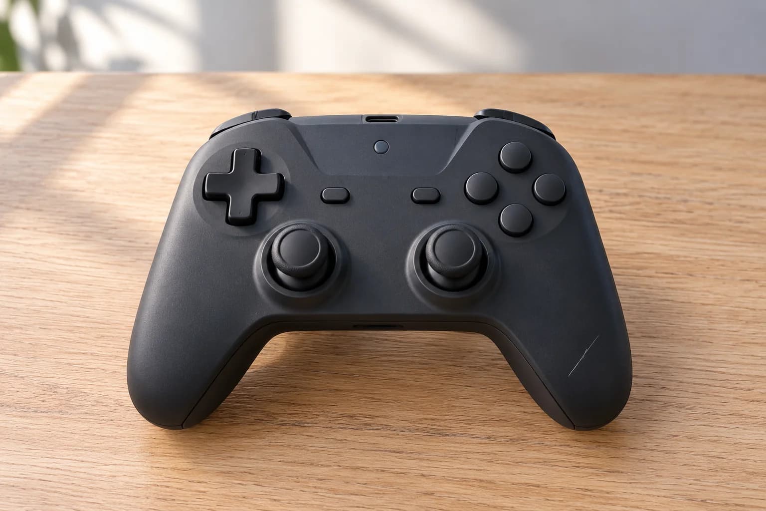 Controle de videogame grafite fotografado por inteiro, mostrando botões, analógicos e formato.