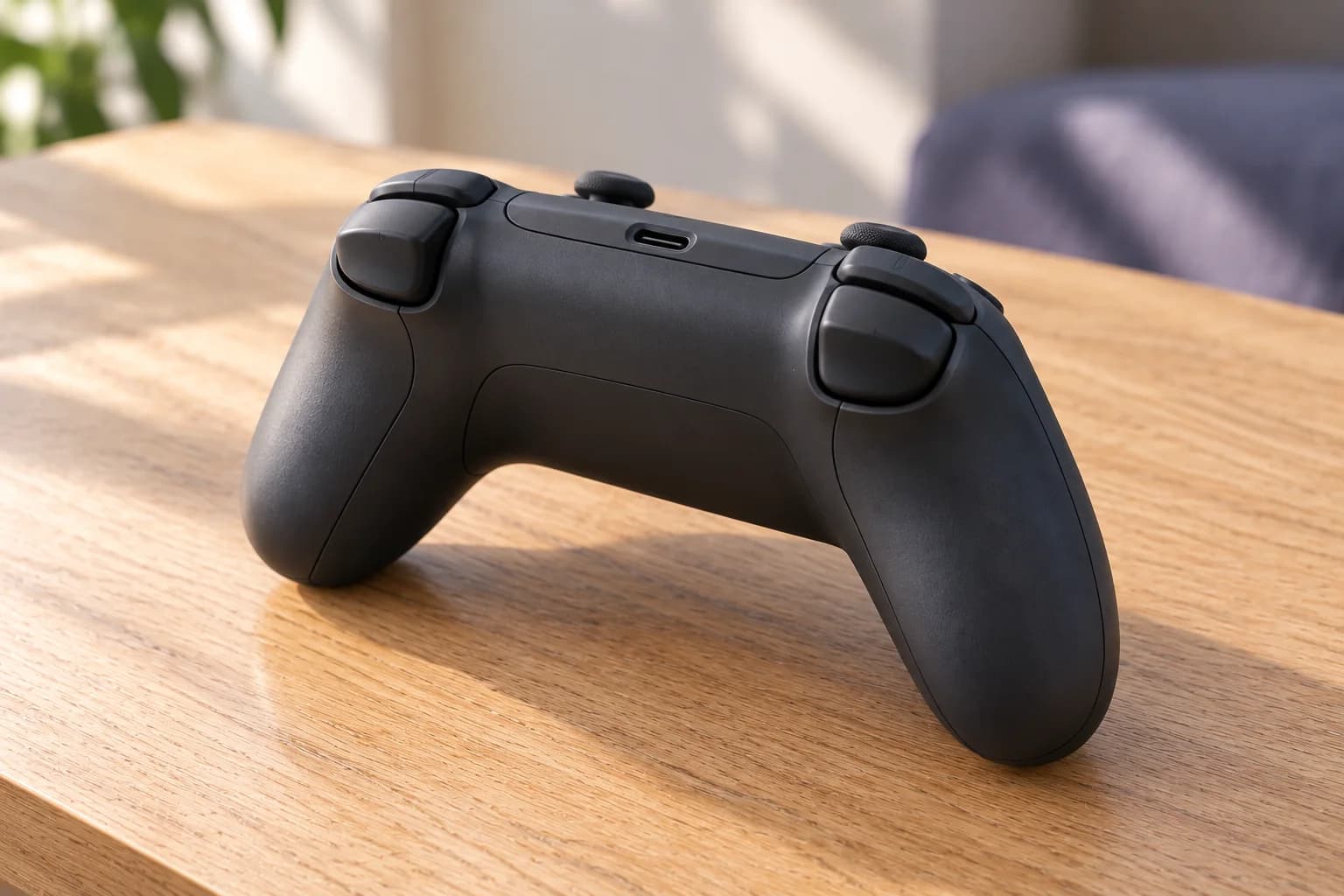 Parte traseira e superior de um controle de videogame grafite, fotografado em perspectiva.