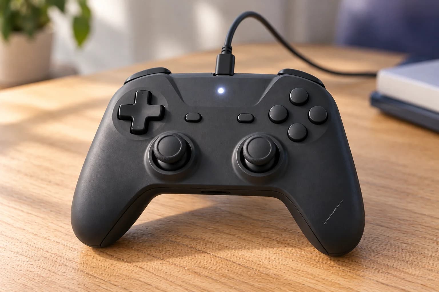 Controle de videogame conectado por USB-C, com pequeno indicador de status branco aceso.