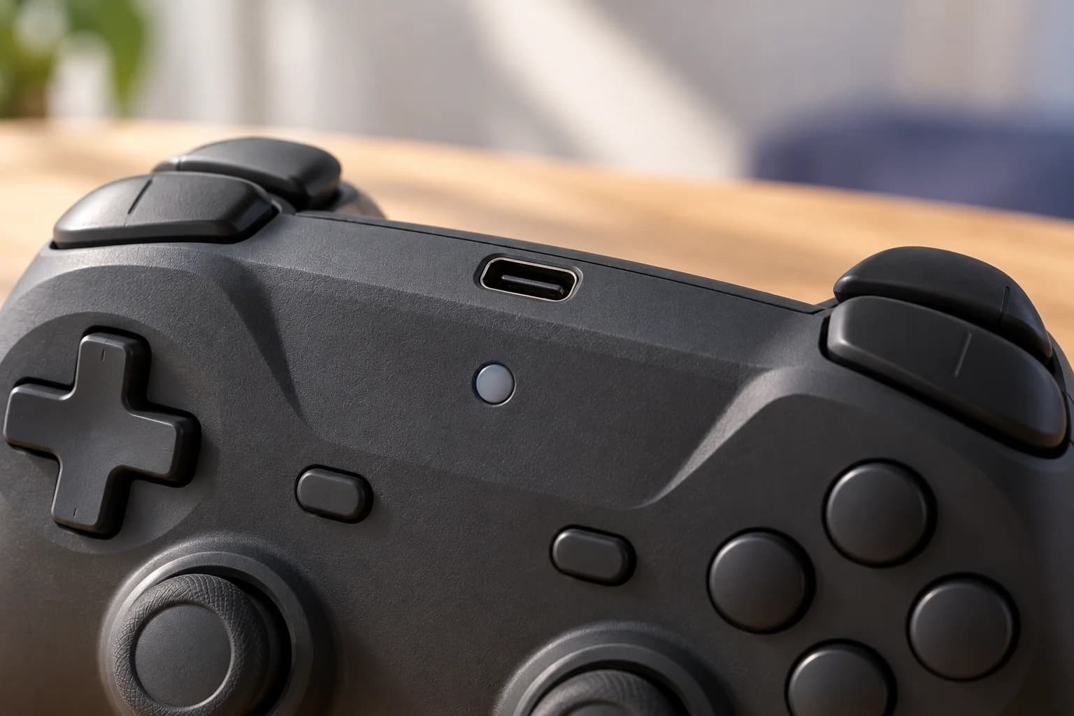 Detalhe da porta USB-C centralizada na borda superior de um controle de videogame grafite.