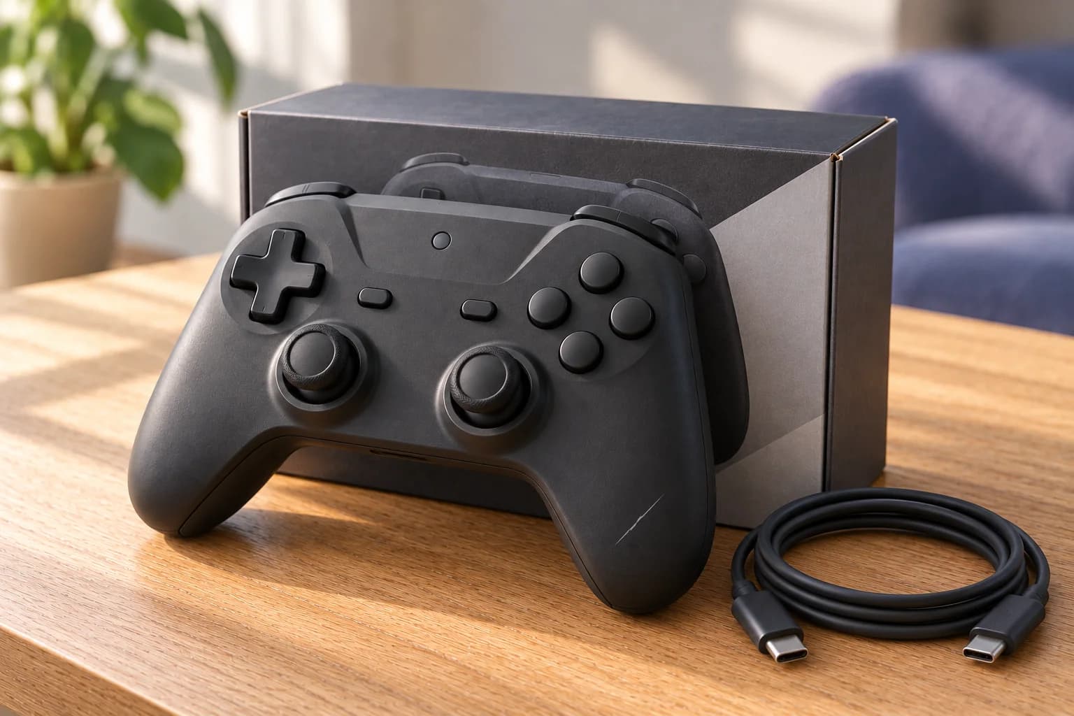 Controle de videogame grafite acompanhado de um único cabo USB-C sobre uma mesa.