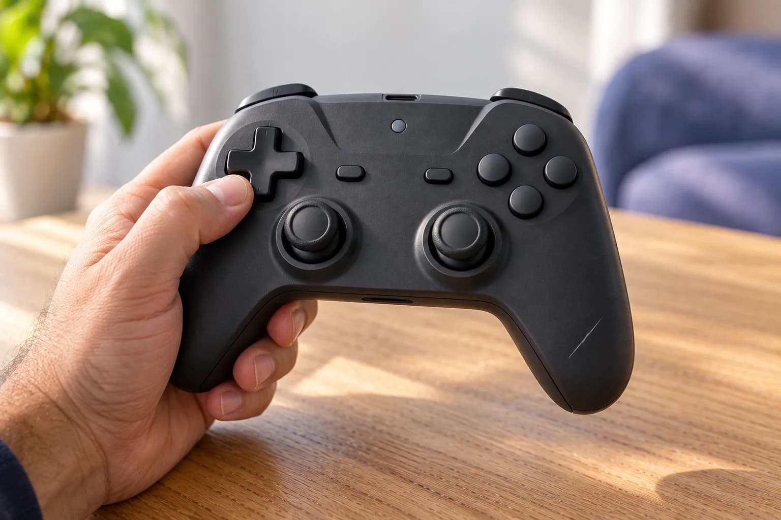 Mão adulta segurando um controle de videogame grafite para demonstrar suas proporções.